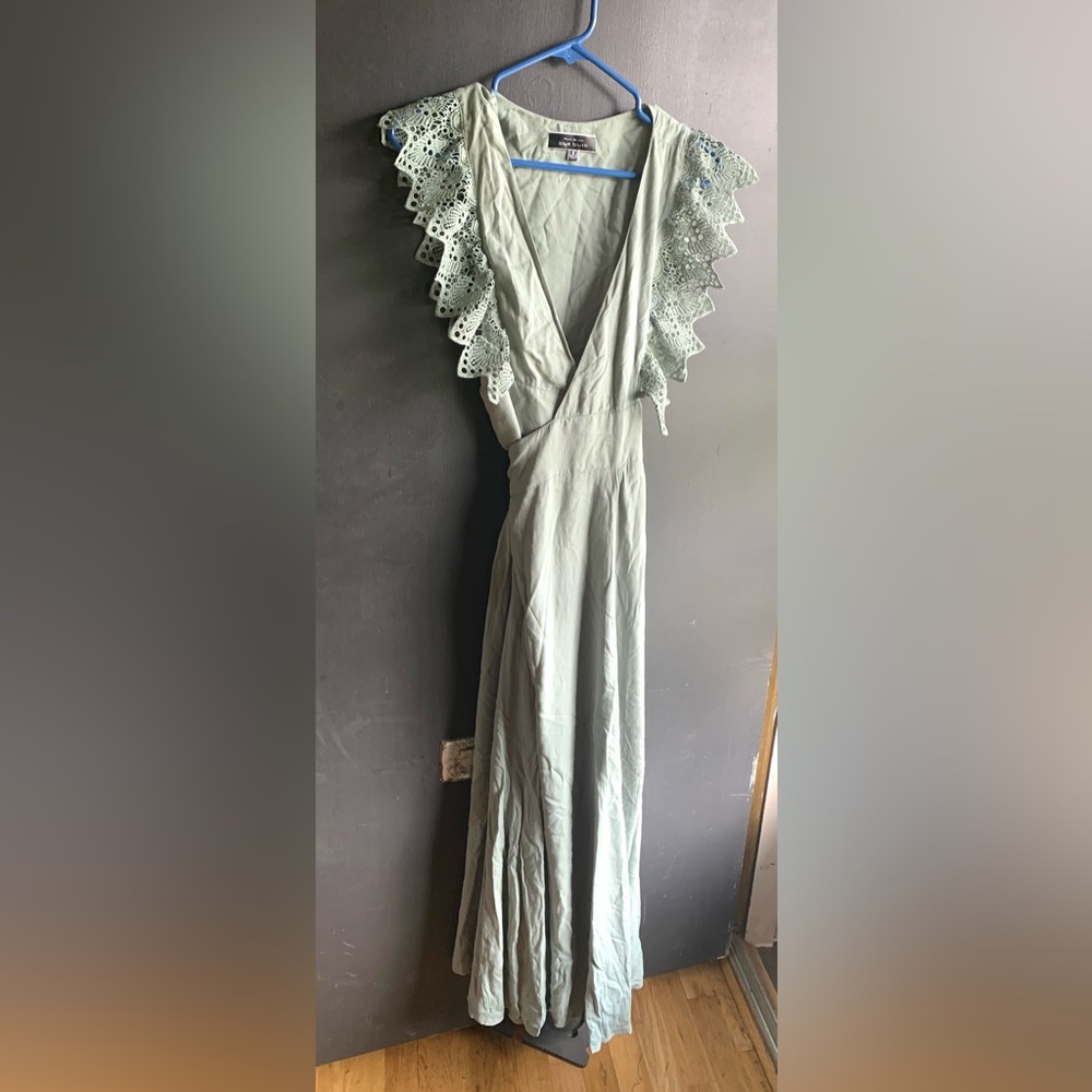 Blue Blush Lace Sleeve Maxi Dress in Soft Green